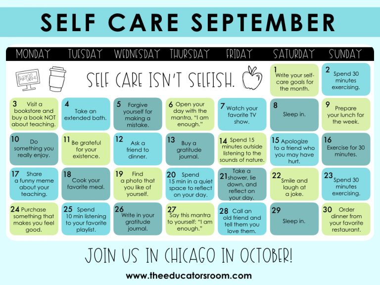[September] Teacher SelfCare Calendar For Teachers The Instructional