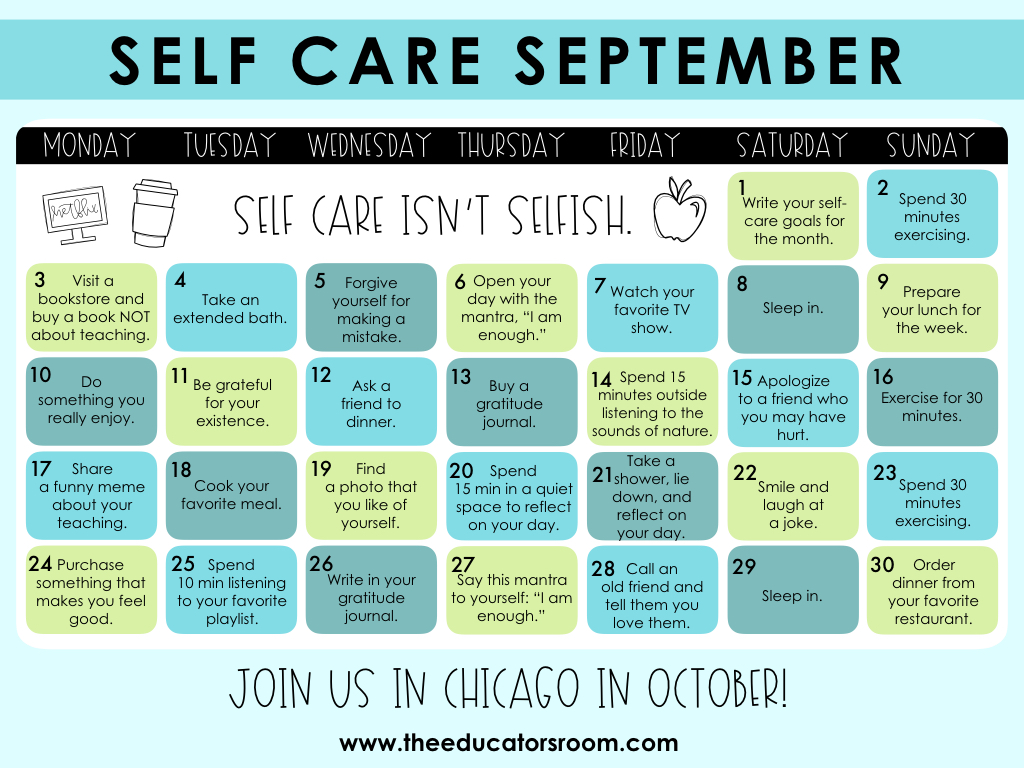 [September] Teacher Self-Care Calendar For Teachers